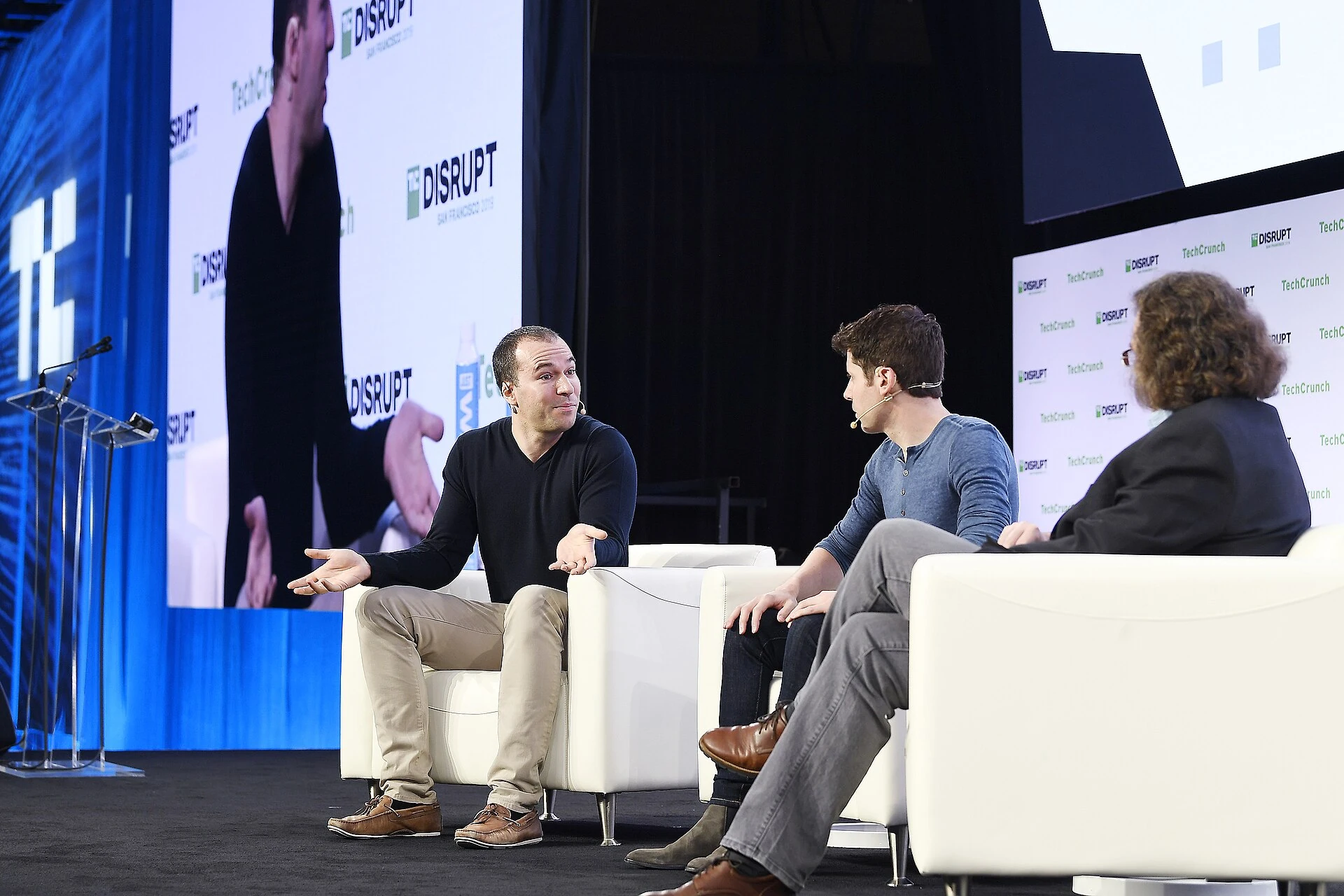 Greg Brockman and Sam Altman speaking with Frederic Lardinois at TechCrunch Disrupt