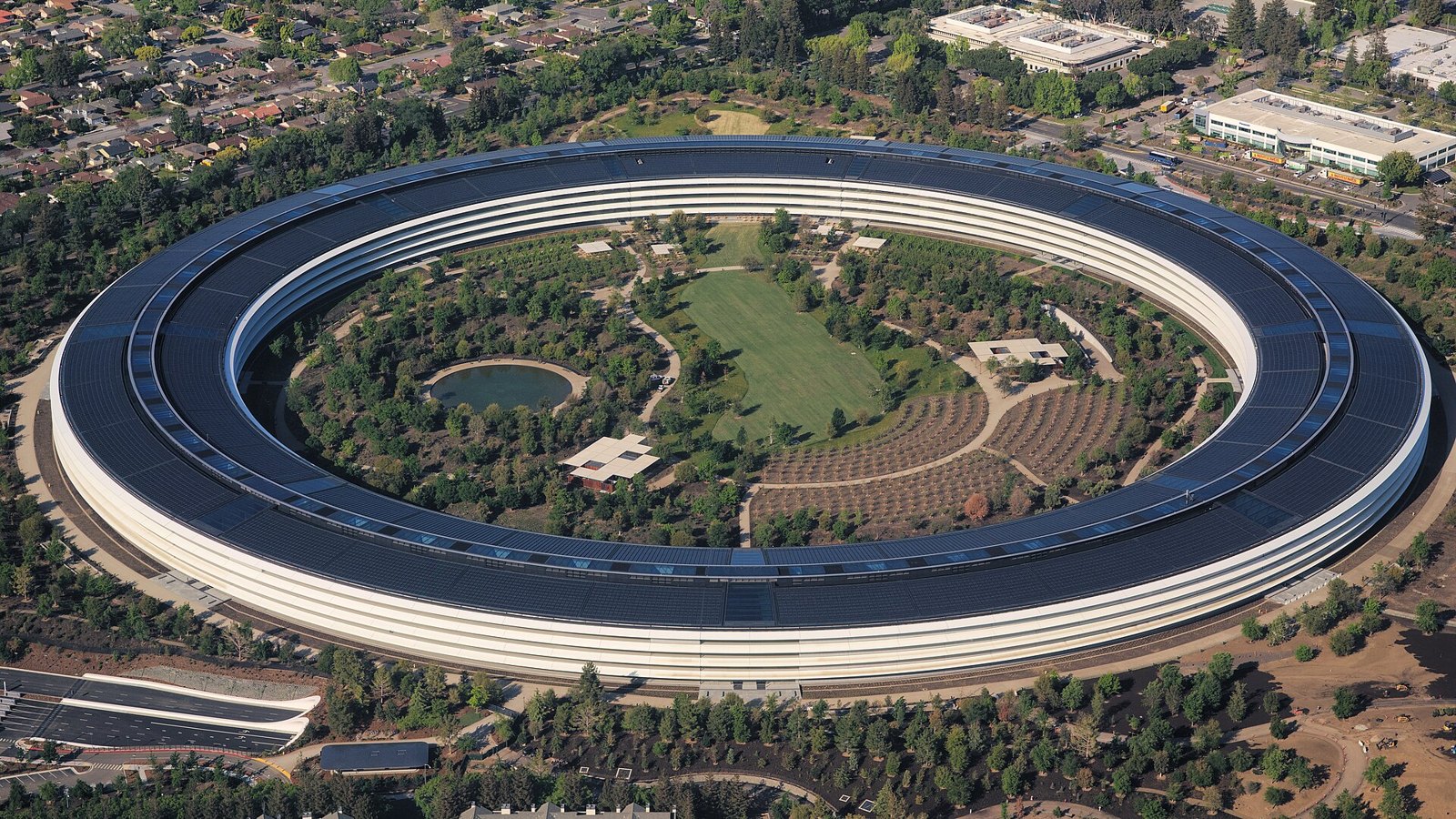Aerial view of the circular Apple Park headquarters in Cupertino