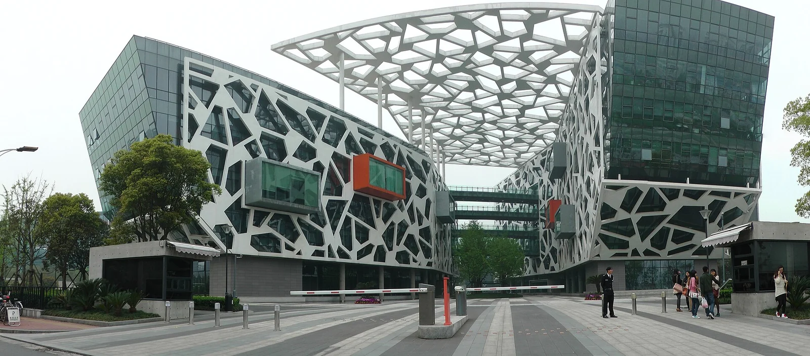 The geometric buildings and overhead lattice at Alibaba Group’s headquarters.