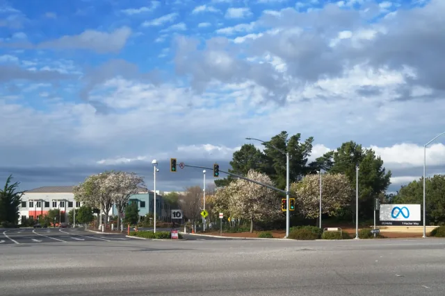 The Meta sign at the entrance to its Menlo Park headquarters, photographed in March 2022.