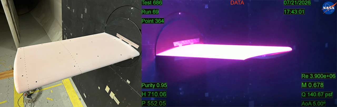 NASA’s benchmark wing, unlit and glowing pink under ultraviolet light.