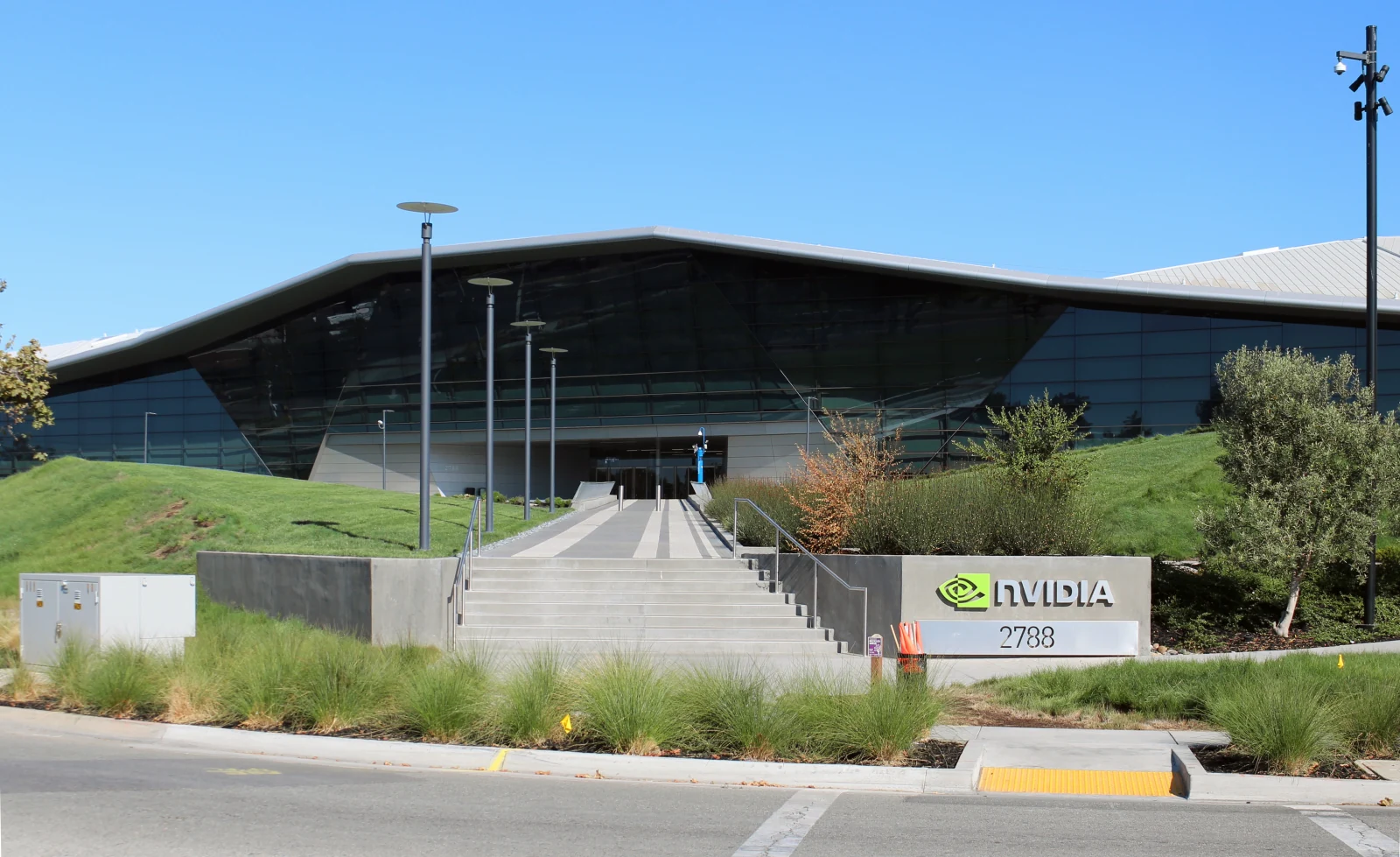 Nvidia headquarters entrance and company sign in Santa Clara.