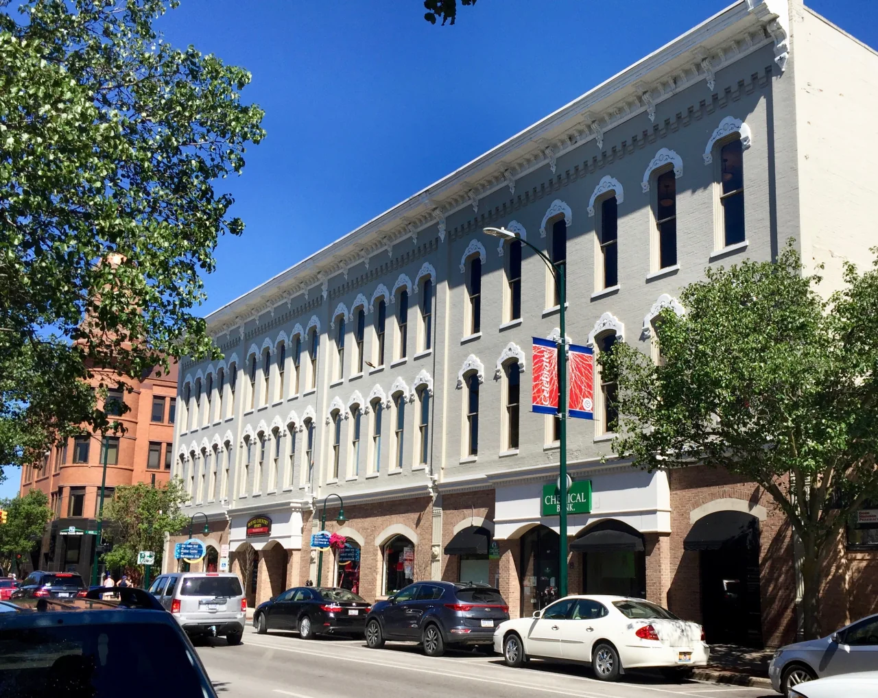 Buildings and storefronts on Front Street in downtown Traverse City, photographed in 2017.