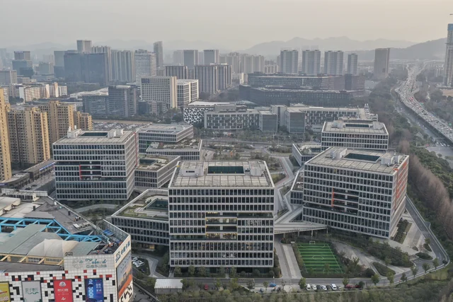 An aerial view of Alibaba’s Binjiang office campus and surrounding buildings in Hangzhou.