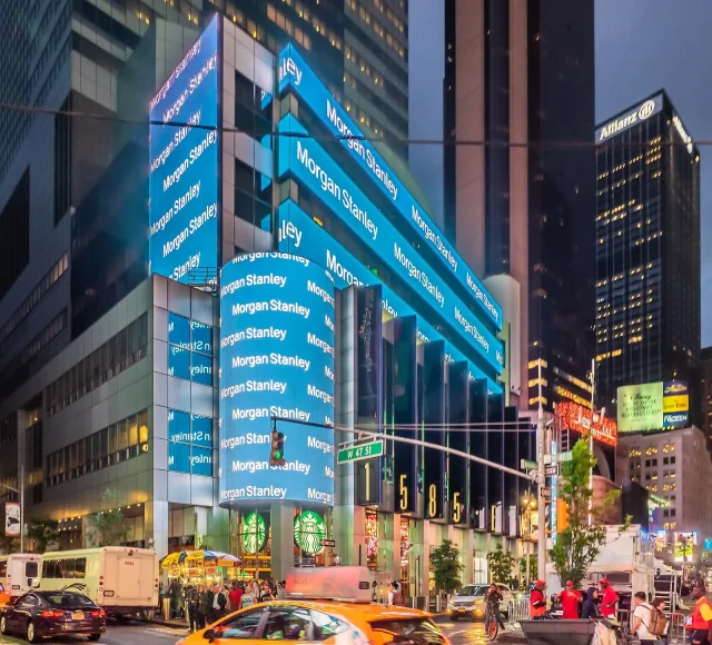 Morgan Stanley’s illuminated headquarters at 1585 Broadway in Times Square.