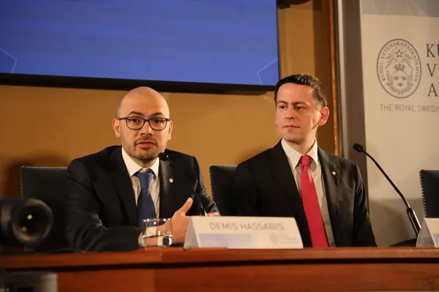 DeepMind scientists Demis Hassabis and John Jumper at a Nobel Prize press conference