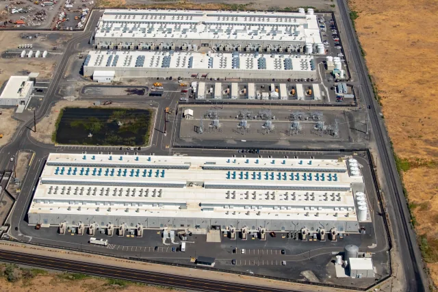 Aerial view of AWS data centers and electrical equipment in Oregon