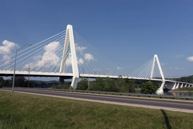 White cable-stayed bridge spans the Ohio River near Mason, West Virginia.
