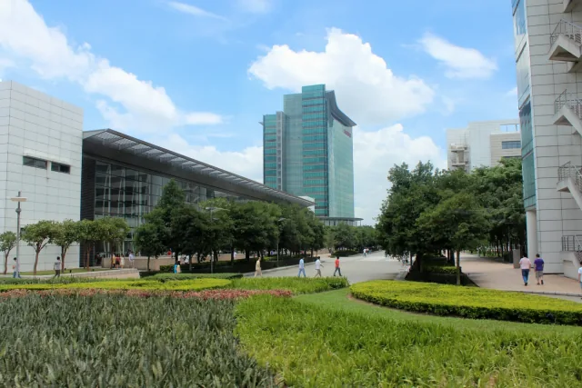 Office buildings and landscaped walkways at Huawei’s Bantian campus in Shenzhen.