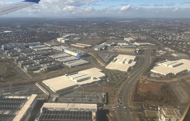 Aerial view of data centers and electrical substations near Ashburn, Virginia