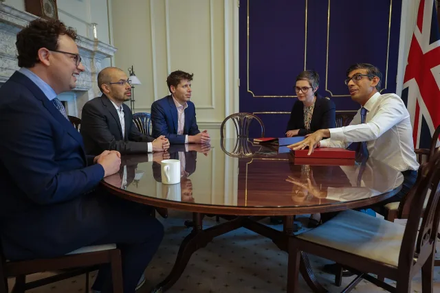 Dario Amodei, Demis Hassabis and Sam Altman in a meeting with Rishi Sunak at Downing Street