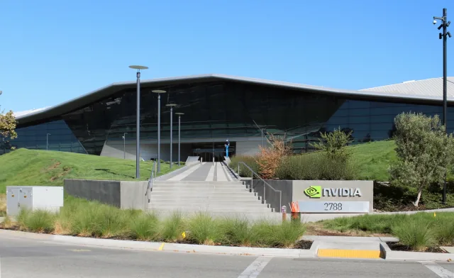 Nvidia headquarters entrance and company sign in Santa Clara.