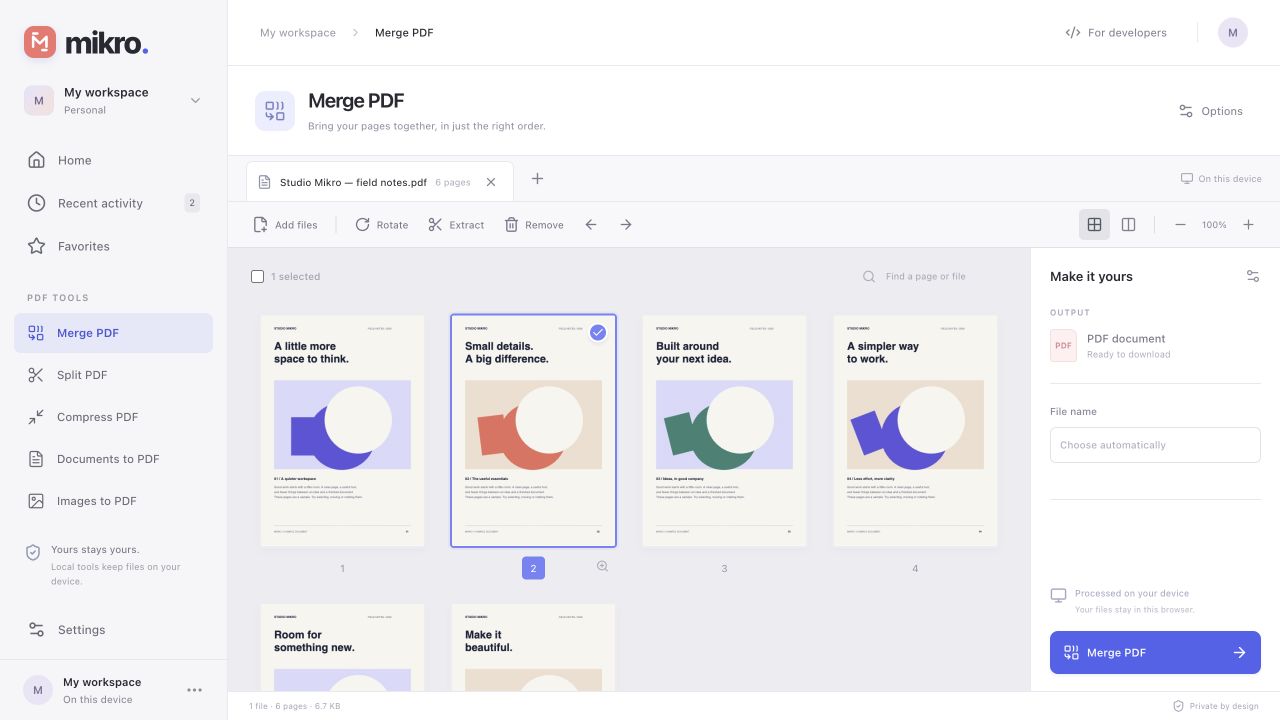 Mikro development workspace with a sample PDF